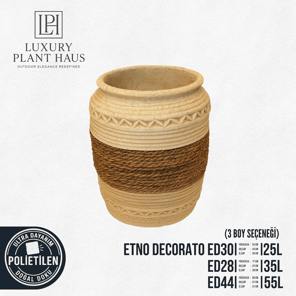 ETNO DECORATO Halat Dokulu Orta Kuşaklı Rustik Saksı (3 Boy Seçeneği: 25L / 35L / 55L)